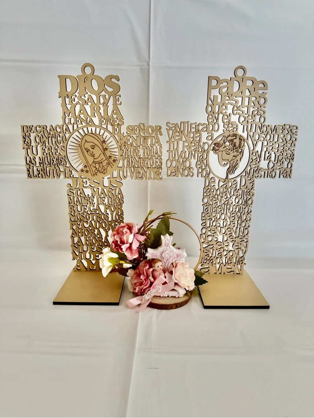 Wooden Laser-Cut Cross with Virgin Mary Design - Natural Wood
